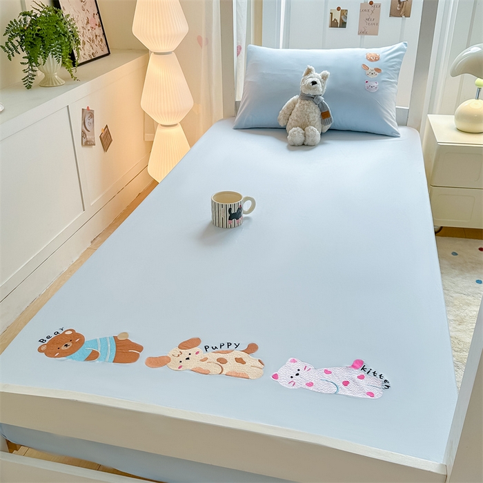 91家纺网 家纺一手货源 找家纺 灰鲸 2025新款全棉刺绣床笠-懒懒小憩学生床系列 懒懒小憩-蓝