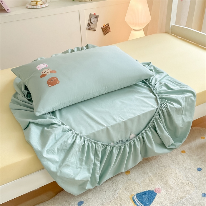 91家纺网 家纺一手货源 找家纺 灰鲸 2025新款全棉刺绣床笠-懒懒小憩学生床系列 懒懒小憩-绿