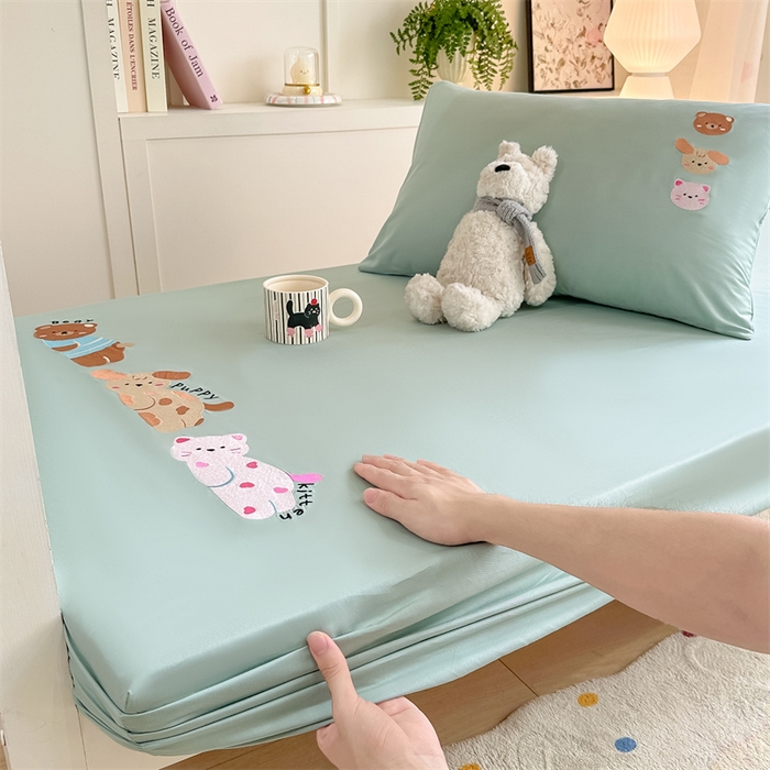 91家纺网 家纺一手货源 找家纺 灰鲸 2025新款全棉刺绣床笠-懒懒小憩学生床系列 懒懒小憩-绿