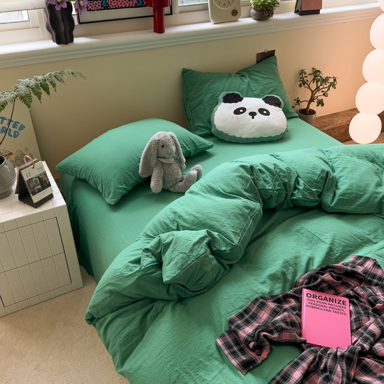 91家纺网 家纺一手货源 找家纺 水墨江南 2025新款亲肤磨毛水洗棉纯色四件套 翡绿