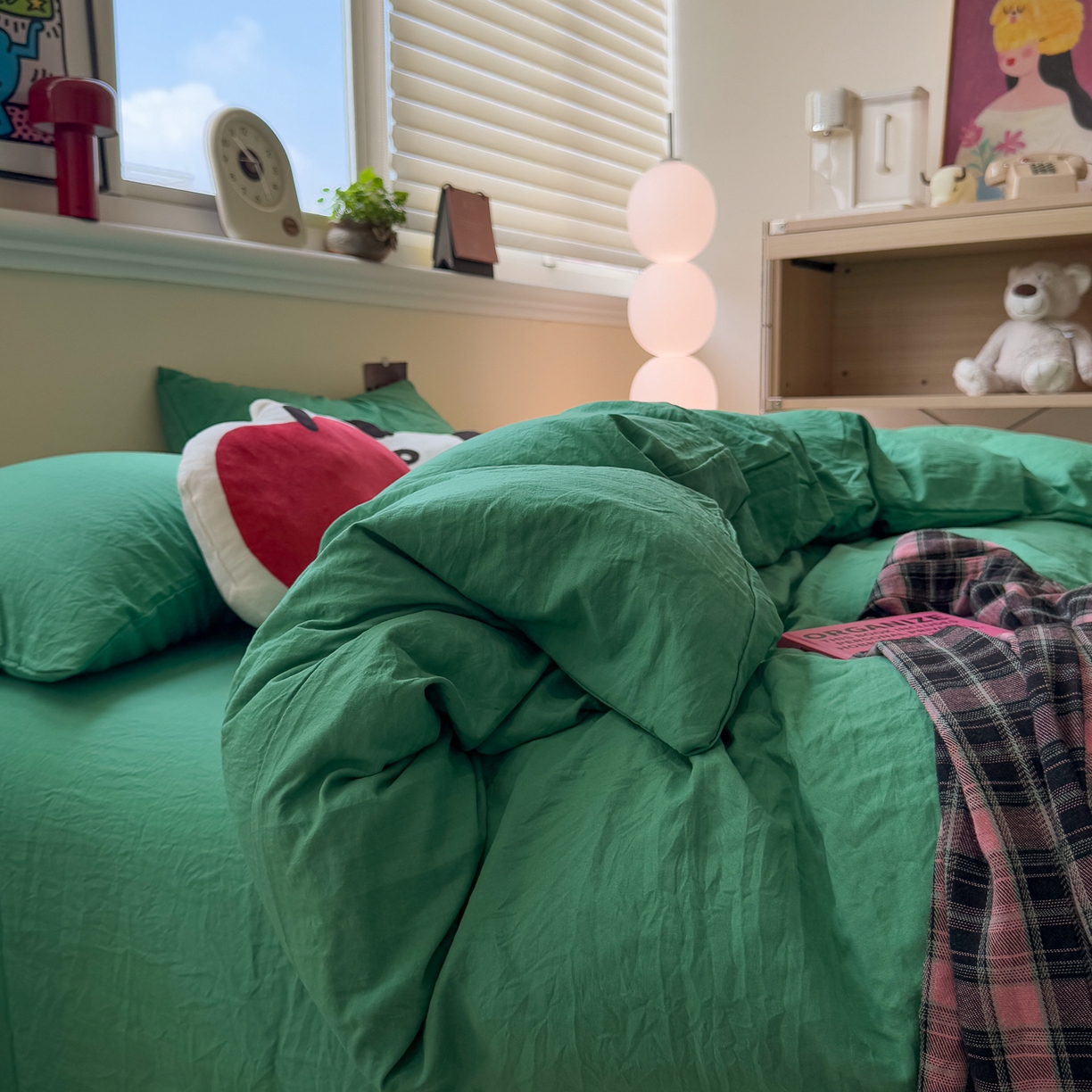 91家纺网 家纺一手货源 找家纺 水墨江南 2025新款亲肤磨毛水洗棉纯色四件套 翡绿