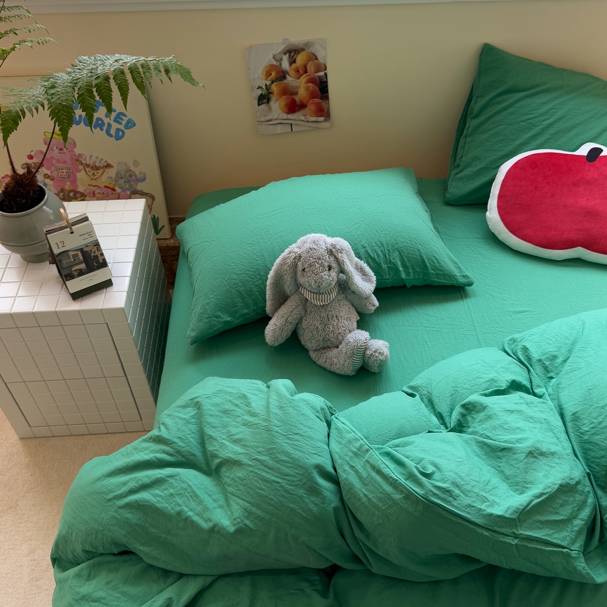 91家纺网 家纺一手货源 找家纺 水墨江南 2025新款亲肤磨毛水洗棉纯色四件套 翡绿