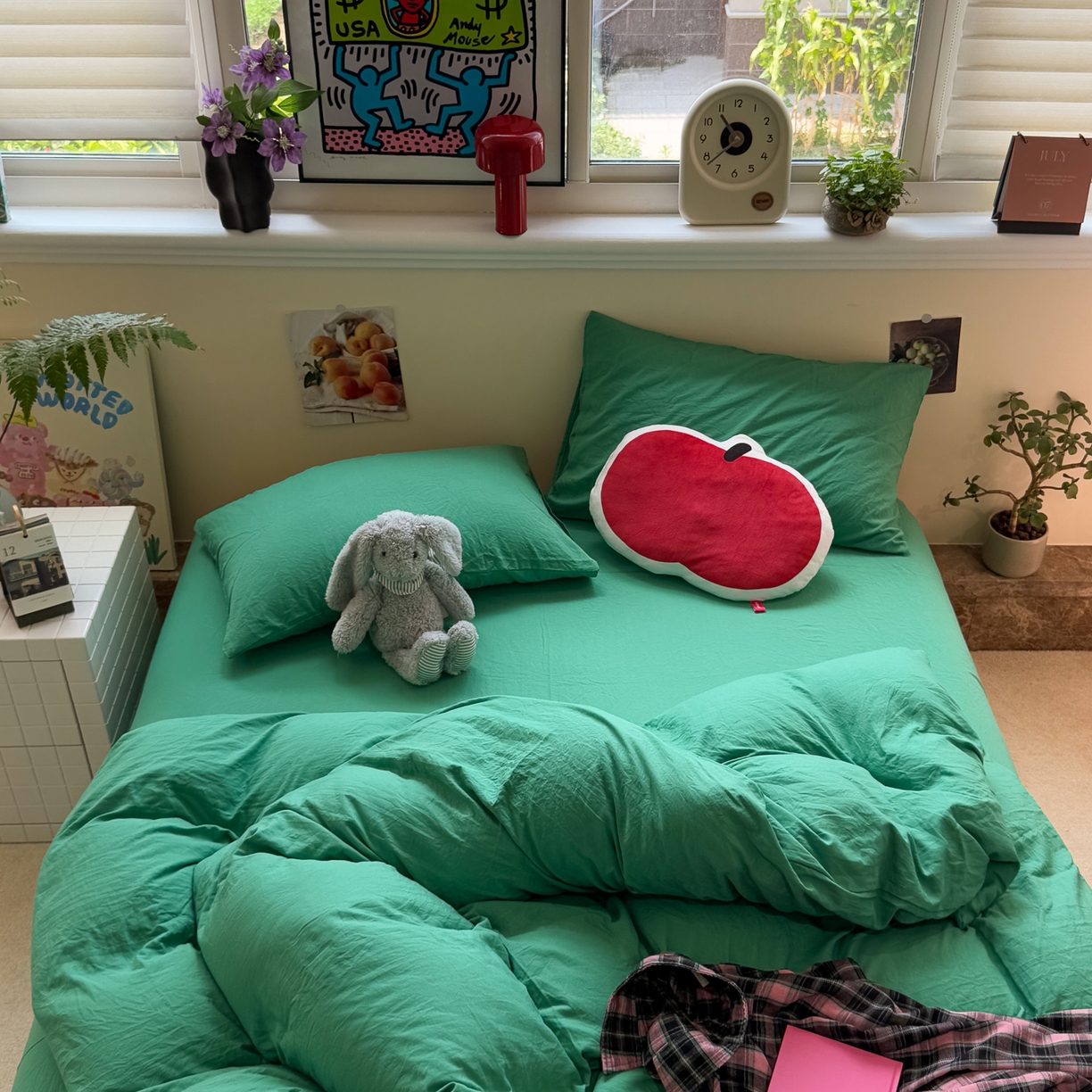 91家纺网 家纺一手货源 找家纺 水墨江南 2025新款亲肤磨毛水洗棉纯色四件套 翡绿