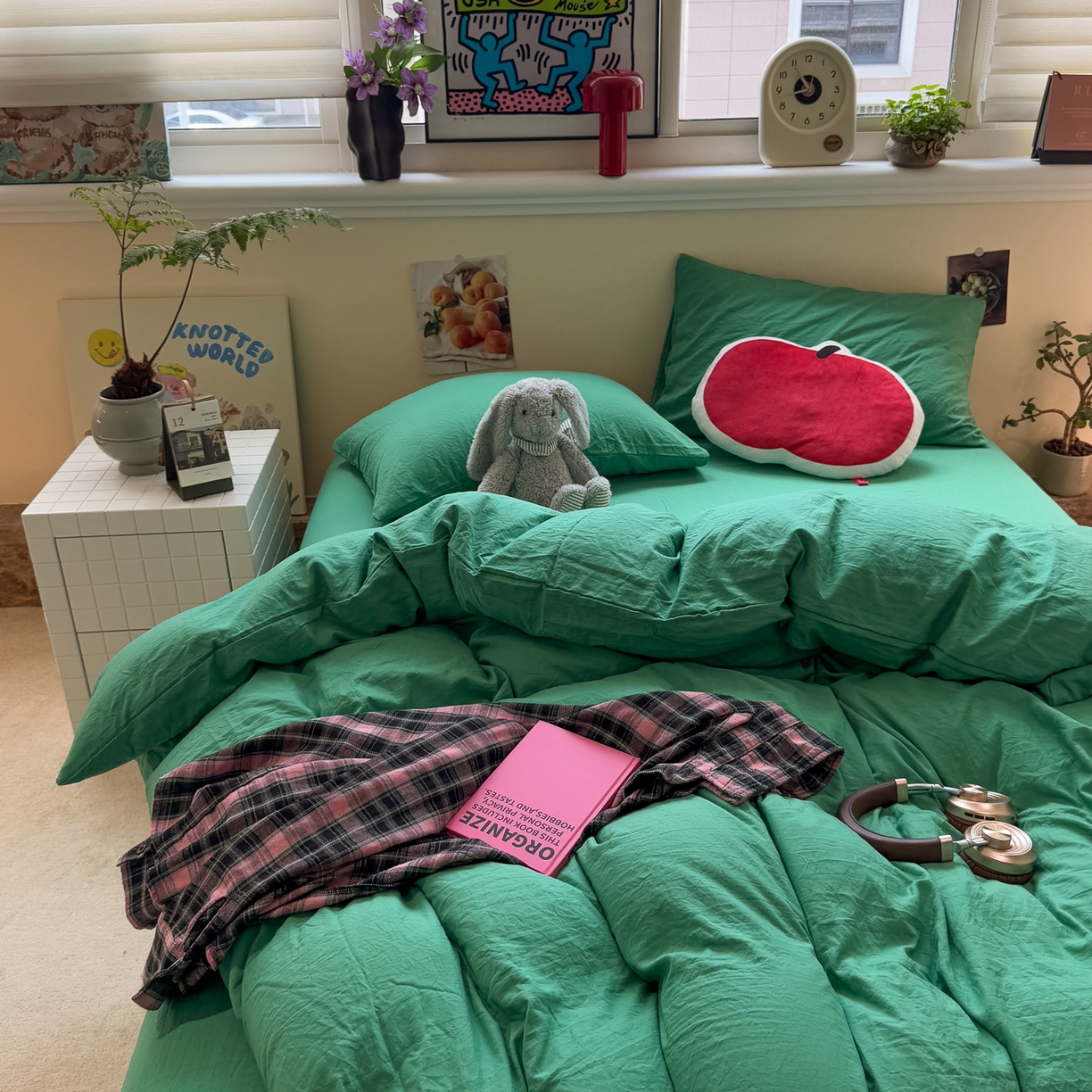 91家纺网 家纺一手货源 找家纺 水墨江南 2025新款亲肤磨毛水洗棉纯色四件套 翡绿