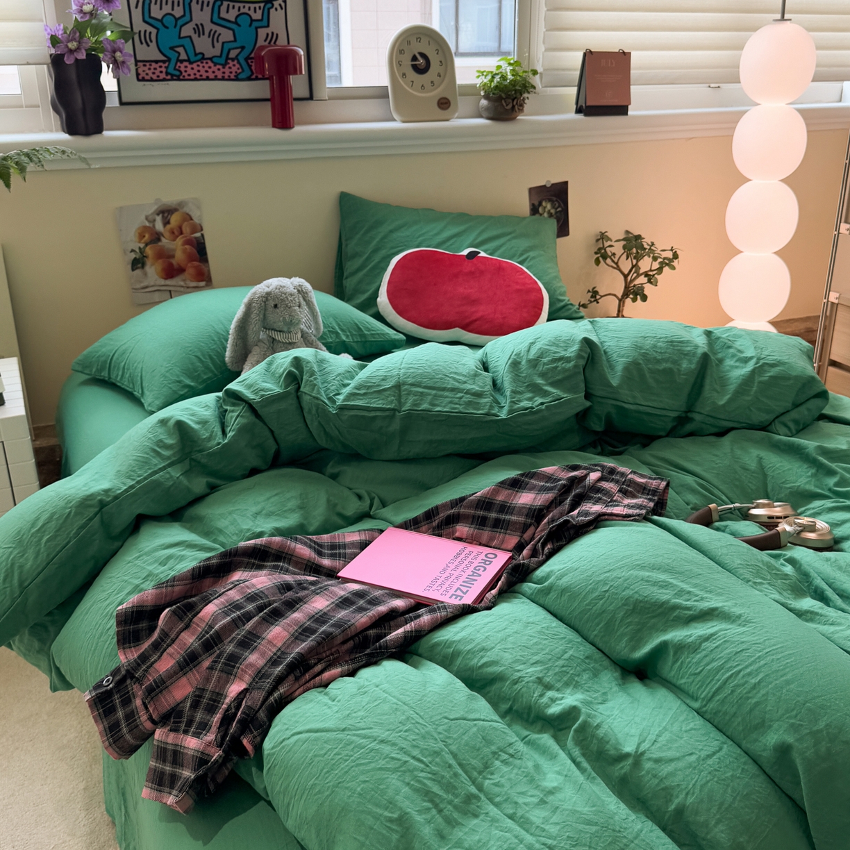 91家纺网 家纺一手货源 找家纺 水墨江南 2025新款亲肤磨毛水洗棉纯色四件套 翡绿