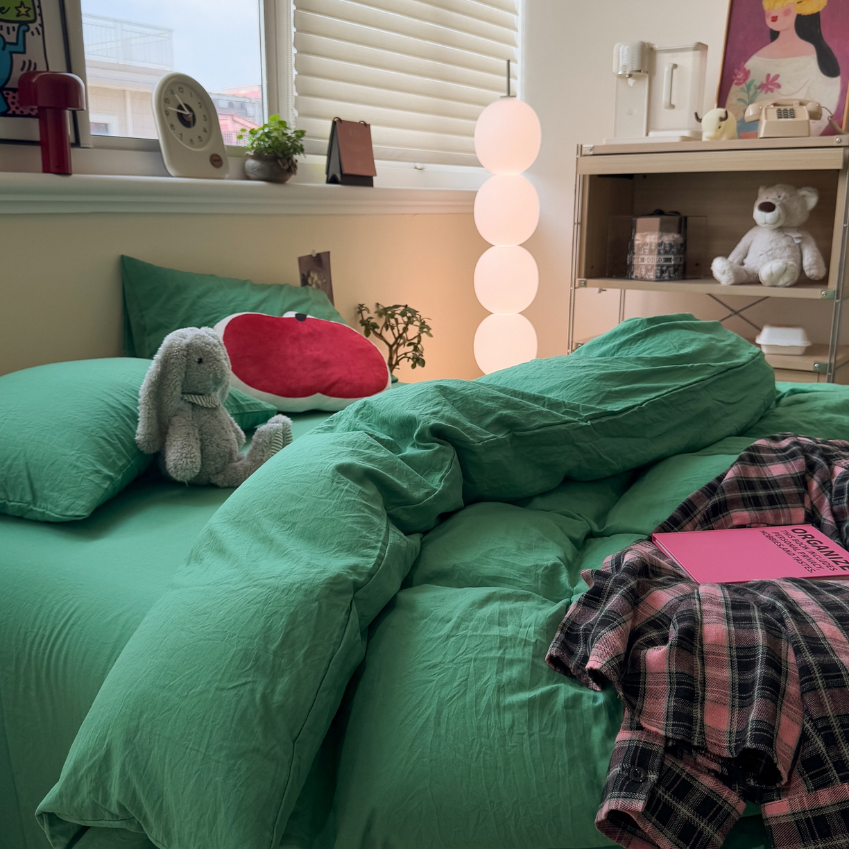 91家纺网 家纺一手货源 找家纺 水墨江南 2025新款亲肤磨毛水洗棉纯色四件套 翡绿