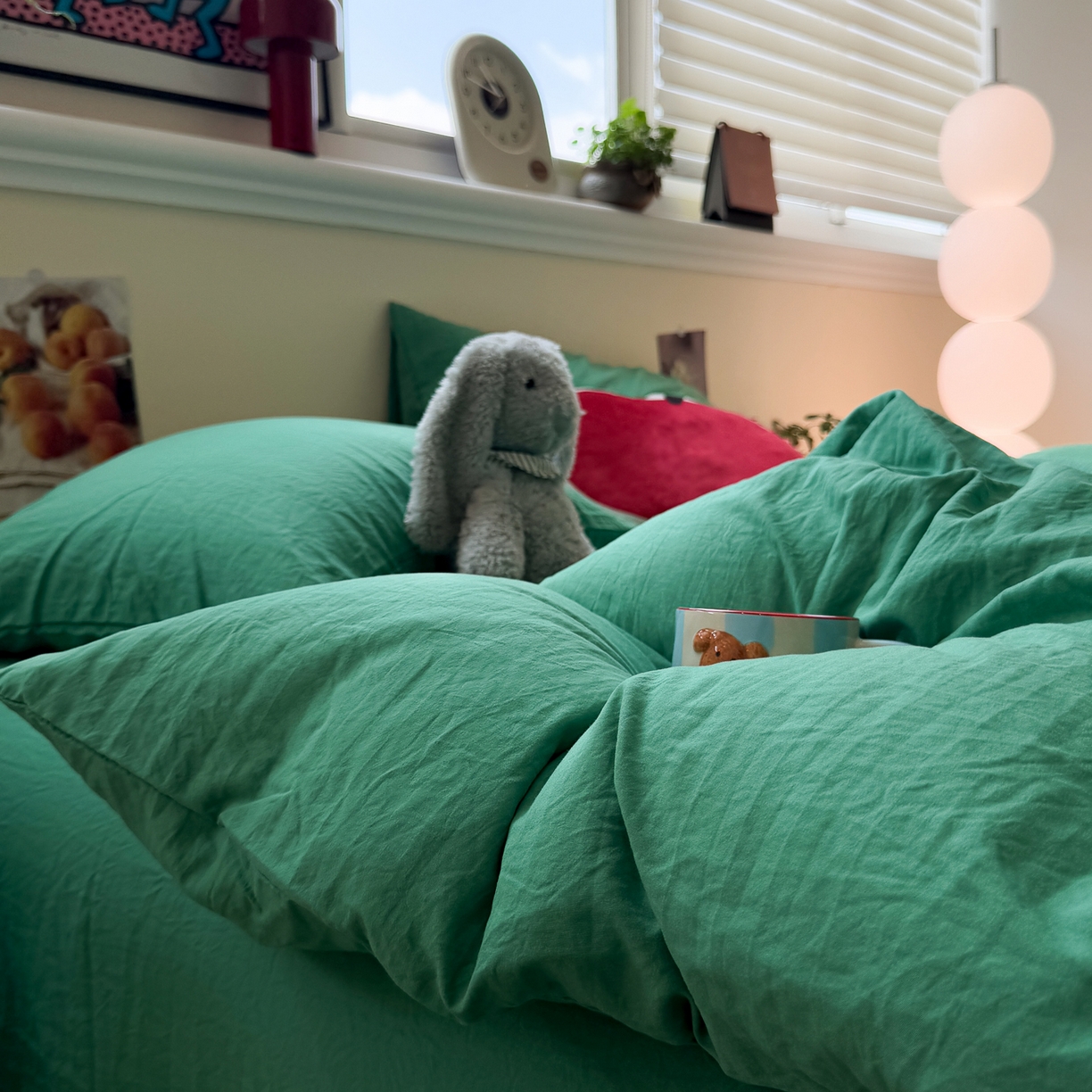 91家纺网 家纺一手货源 找家纺 水墨江南 2025新款亲肤磨毛水洗棉纯色四件套 翡绿