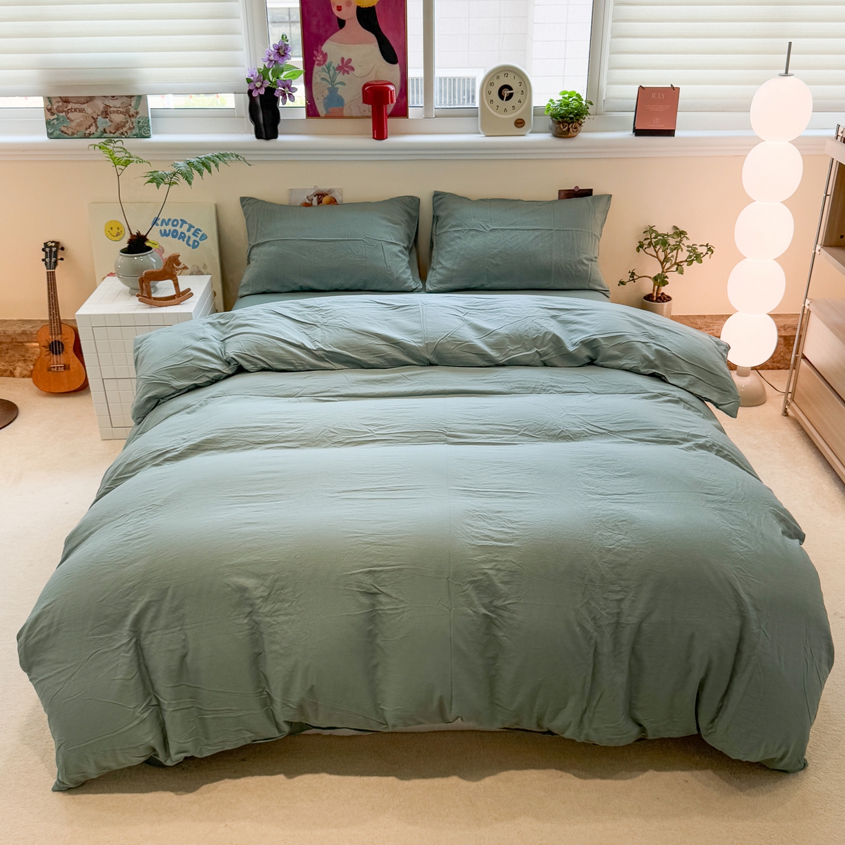 91家纺网 家纺一手货源 找家纺 水墨江南 2025新款亲肤磨毛水洗棉纯色四件套 暗夜绿