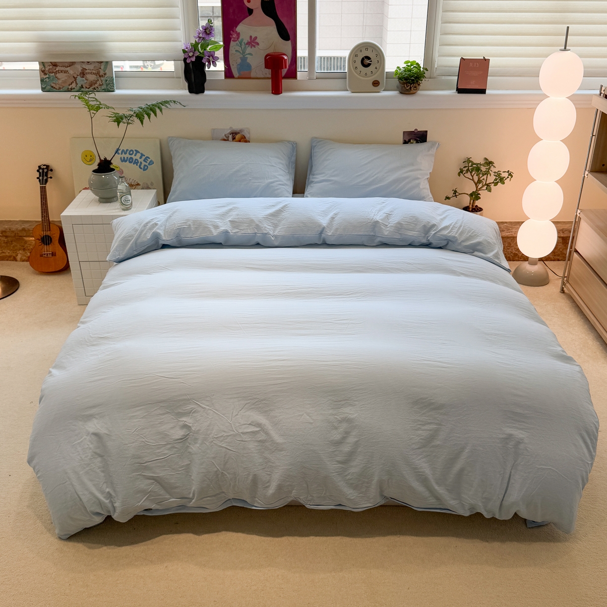 91家纺网 家纺一手货源 找家纺 水墨江南 2025新款亲肤磨毛水洗棉纯色四件套 碧蓝