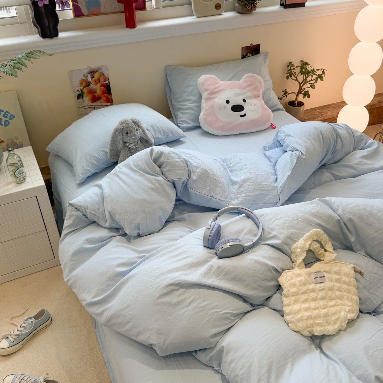 91家纺网 家纺一手货源 找家纺 水墨江南 2025新款亲肤磨毛水洗棉纯色四件套 碧蓝