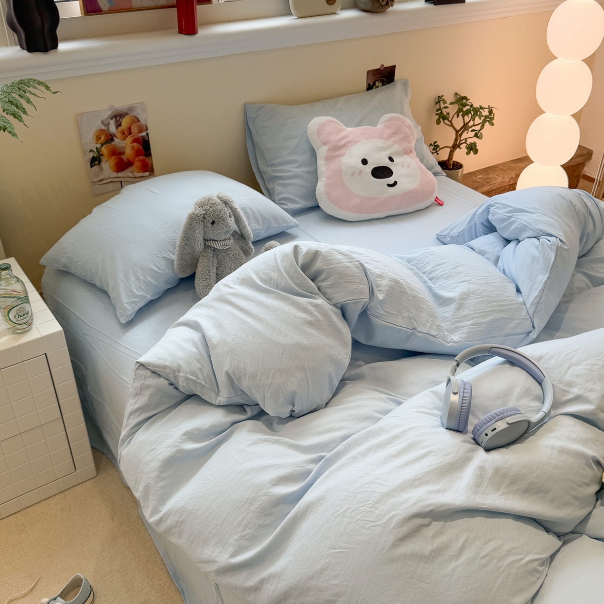 91家纺网 家纺一手货源 找家纺 水墨江南 2025新款亲肤磨毛水洗棉纯色四件套 碧蓝