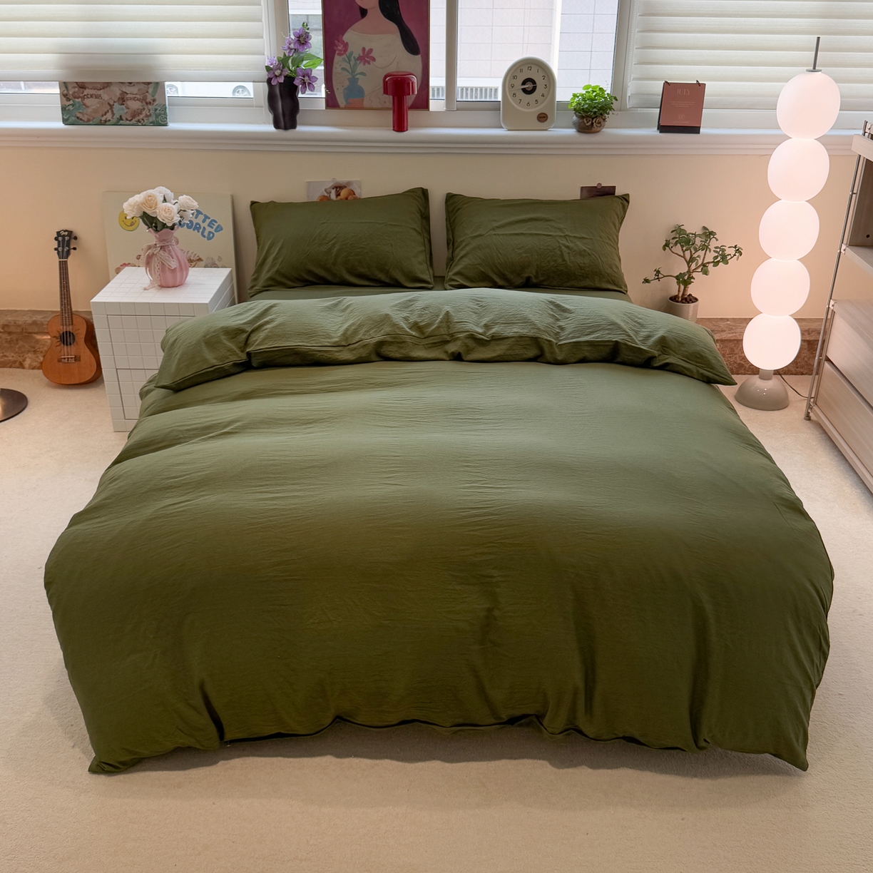 91家纺网 家纺一手货源 找家纺 水墨江南 2025新款亲肤磨毛水洗棉纯色四件套 橄榄绿