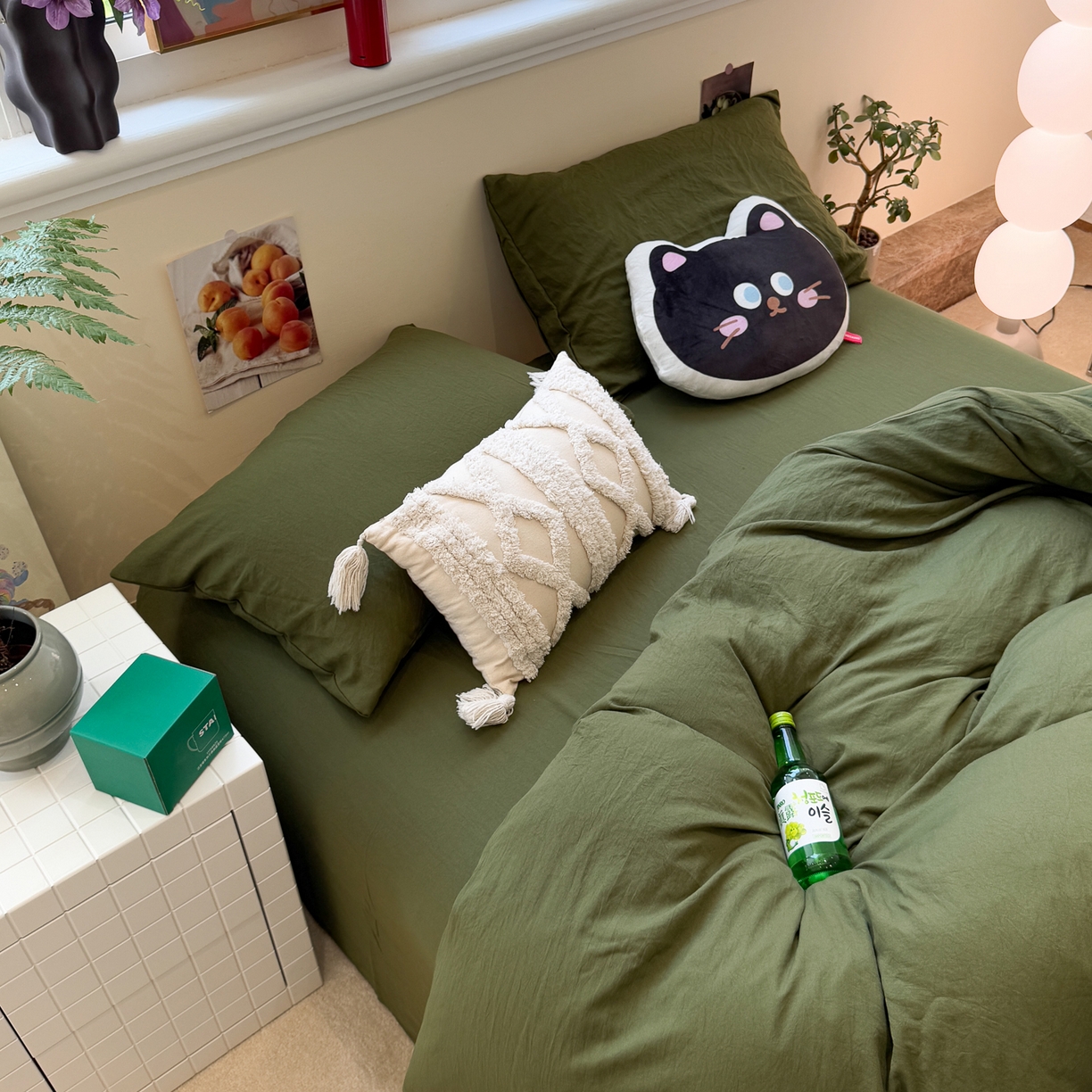 91家纺网 家纺一手货源 找家纺 水墨江南 2025新款亲肤磨毛水洗棉纯色四件套 橄榄绿