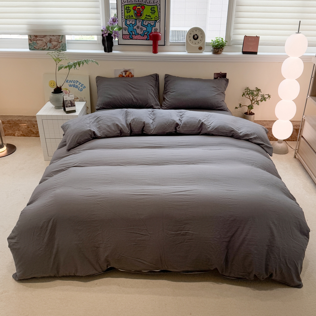 91家纺网 家纺一手货源 找家纺 水墨江南 2025新款亲肤磨毛水洗棉纯色四件套 墨灰