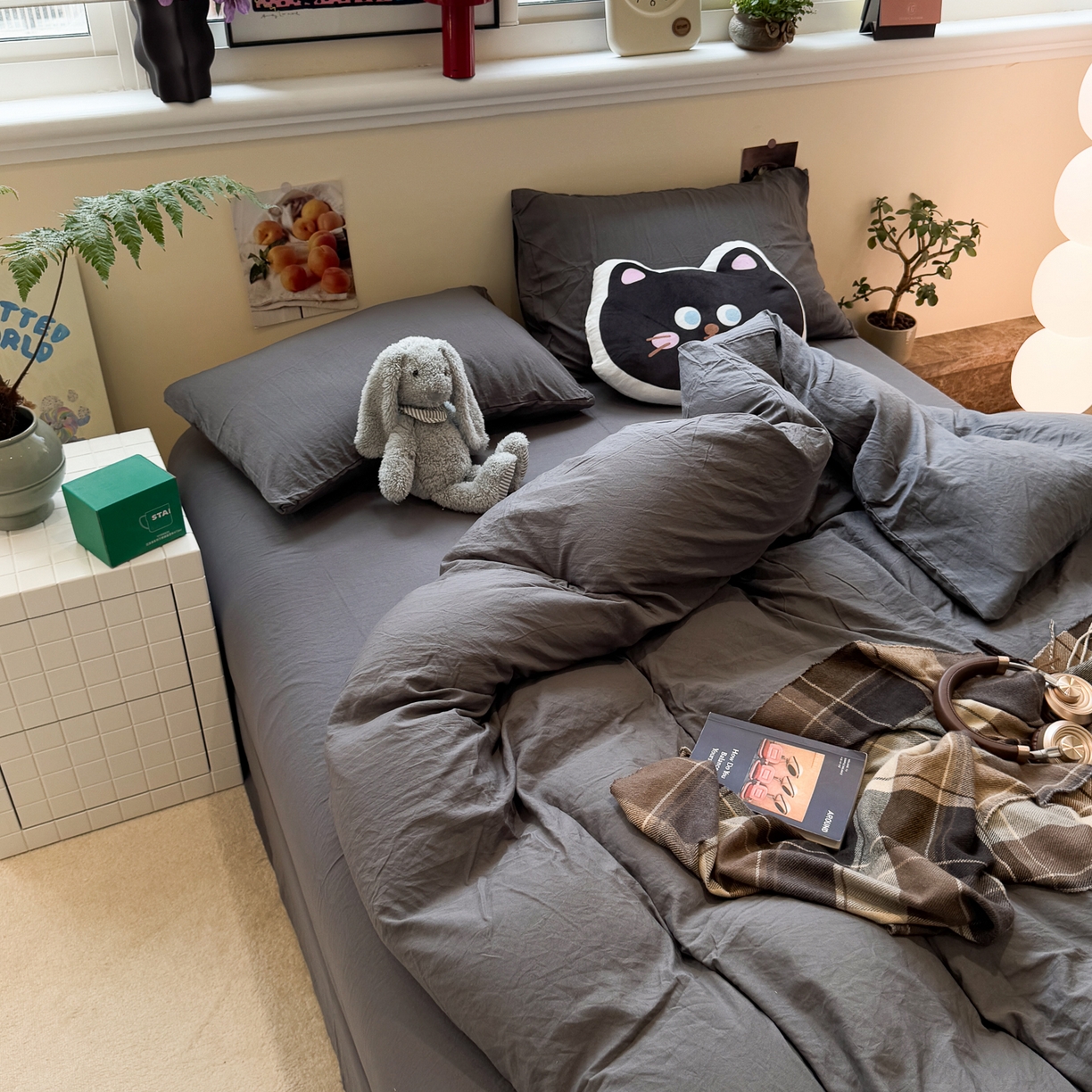 91家纺网 家纺一手货源 找家纺 水墨江南 2025新款亲肤磨毛水洗棉纯色四件套 墨灰