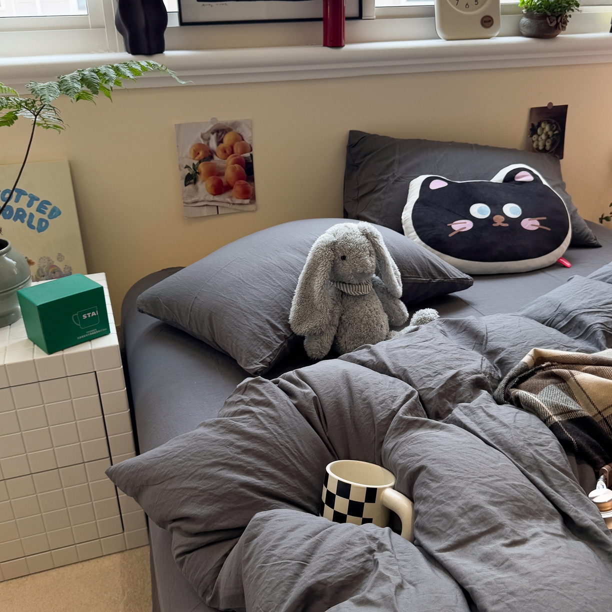 91家纺网 家纺一手货源 找家纺 水墨江南 2025新款亲肤磨毛水洗棉纯色四件套 墨灰