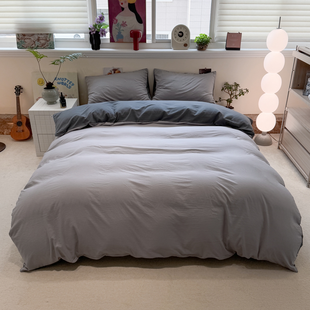 91家纺网 家纺一手货源 找家纺 水墨江南 2025新款亲肤磨毛水洗棉纯色四件套 浅灰深灰