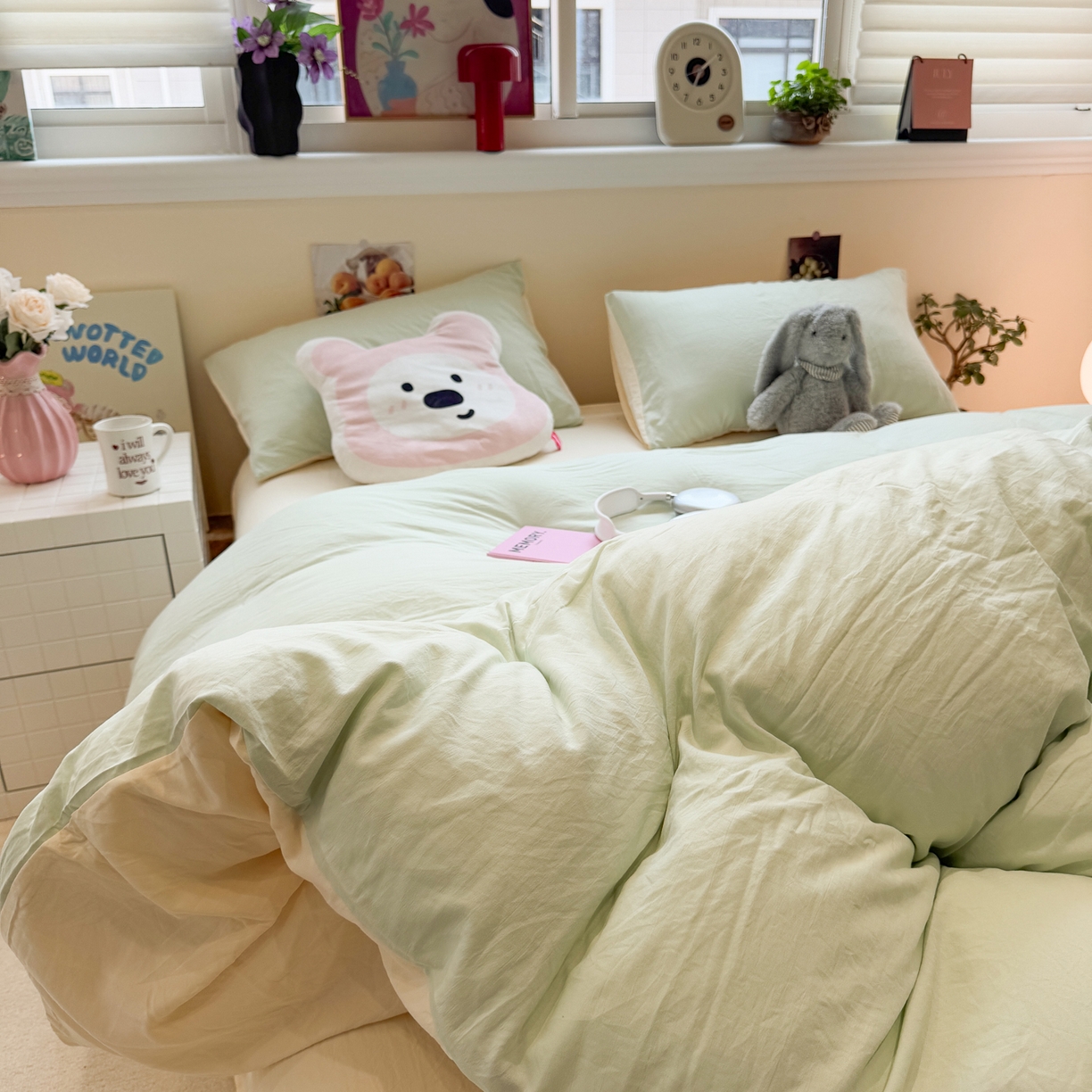 水墨江南 2025新款亲肤磨毛水洗棉纯色四件套 藻绿米黄