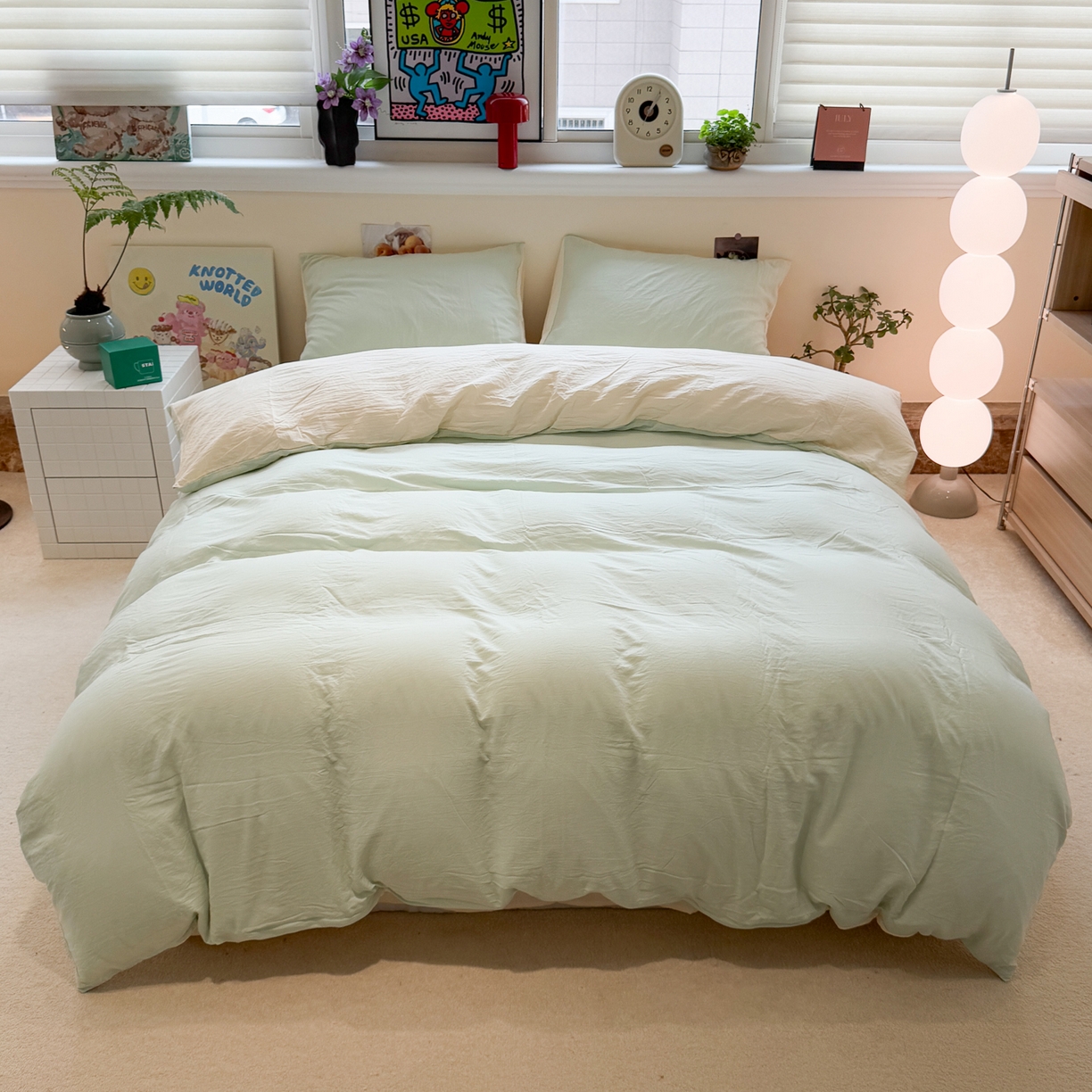 91家纺网 家纺一手货源 找家纺 水墨江南 2025新款亲肤磨毛水洗棉纯色四件套 藻绿米黄