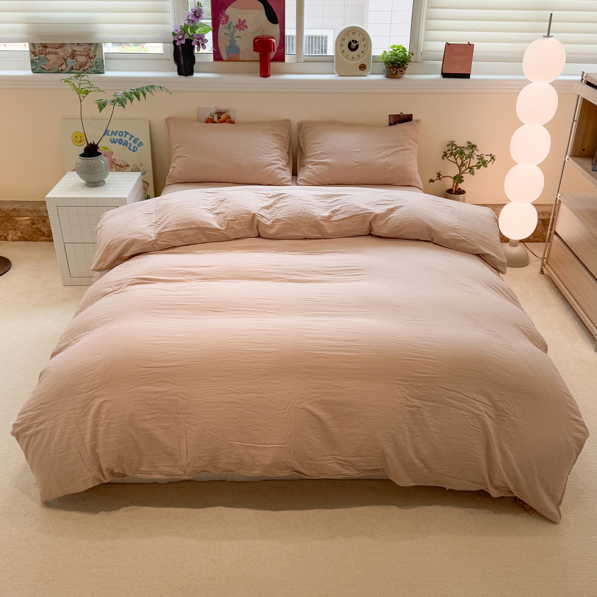 91家纺网 家纺一手货源 找家纺 水墨江南 2025新款亲肤磨毛水洗棉纯色四件套 中驼