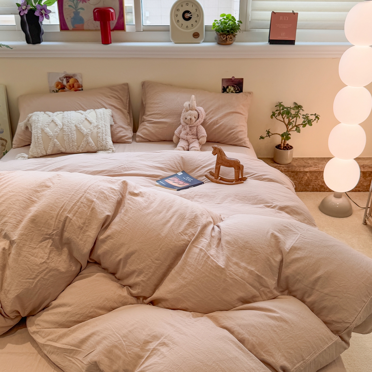 91家纺网 家纺一手货源 找家纺 水墨江南 2025新款亲肤磨毛水洗棉纯色四件套 中驼