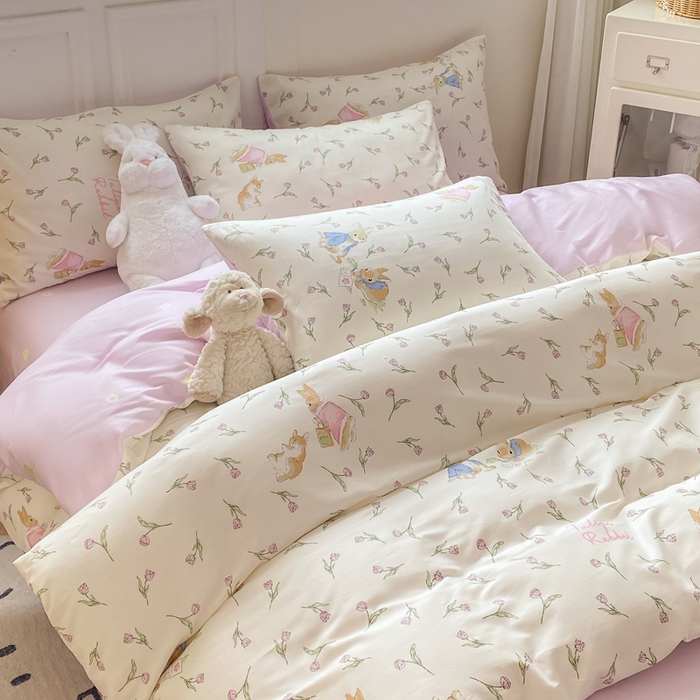 红日子纺织品 2025新款12868全棉印花系列四件套 花语萌兔