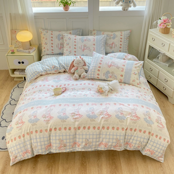 91家纺网 家纺一手货源 找家纺 红日子纺织品 2025新款12868全棉印花系列四件套 可爱兔