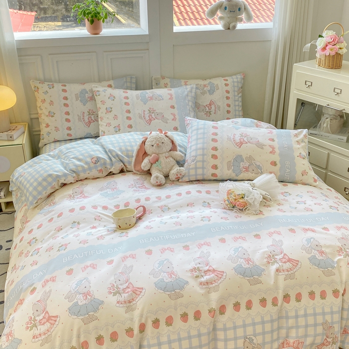 91家纺网 家纺一手货源 找家纺 红日子纺织品 2025新款12868全棉印花系列四件套 可爱兔