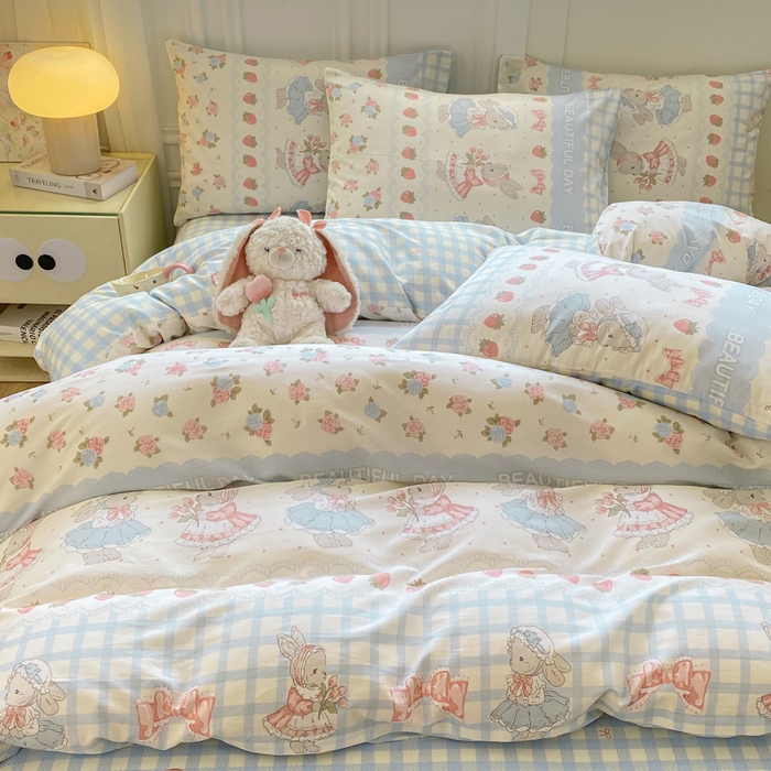 91家纺网 家纺一手货源 找家纺 红日子纺织品 2025新款12868全棉印花系列四件套 可爱兔