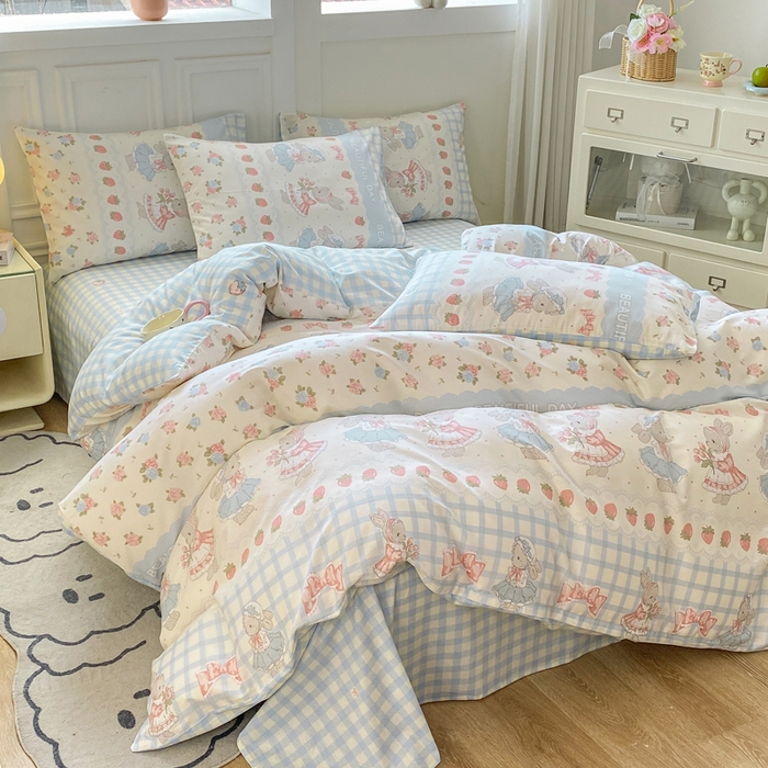 91家纺网 家纺一手货源 找家纺 红日子纺织品 2025新款12868全棉印花系列四件套 可爱兔