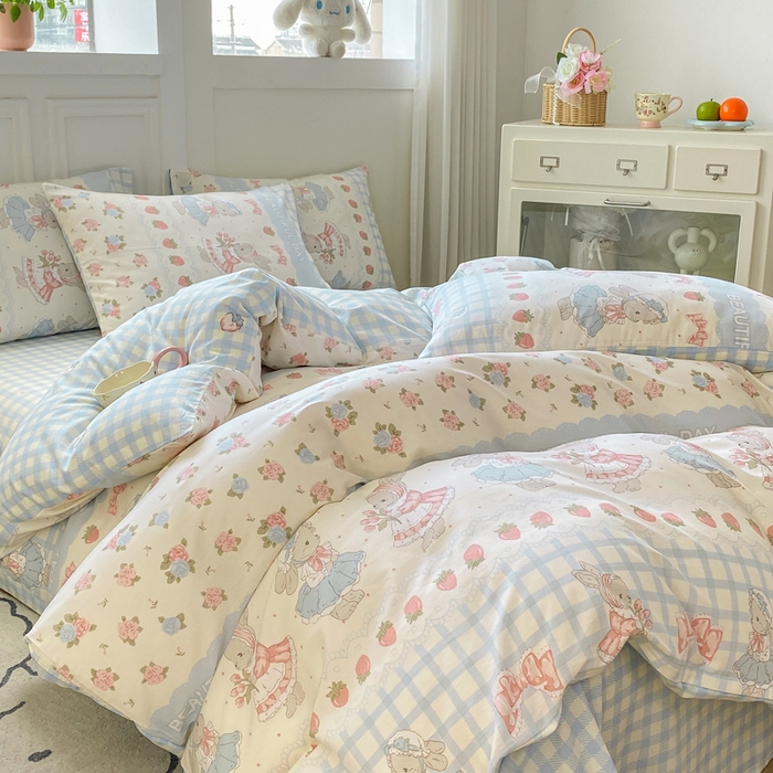 91家纺网 家纺一手货源 找家纺 红日子纺织品 2025新款12868全棉印花系列四件套 可爱兔