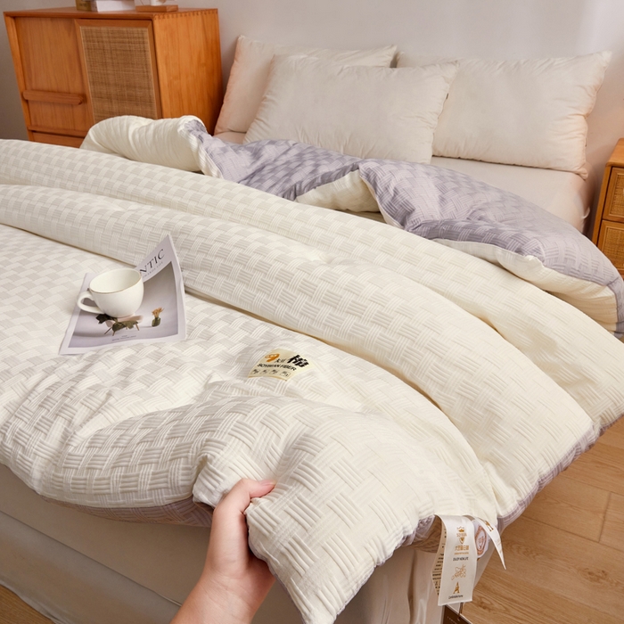 91家纺网 家纺一手货源 找家纺 米米儿家纺 2025新款A类华夫格针织提花大豆冬被被子被芯 拼色-灰白色