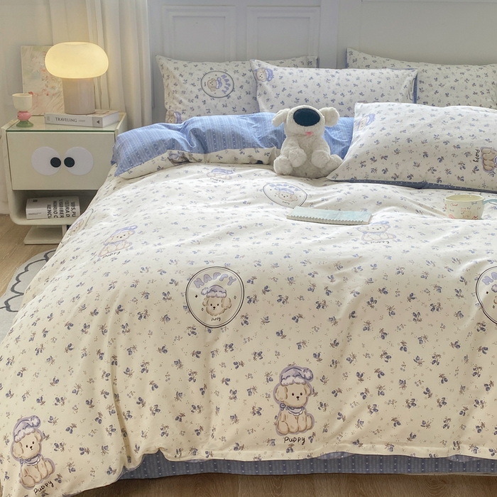 91家纺网 家纺一手货源 找家纺 红日子纺织品 2025新款12868全棉印花系列四件套 玲语小狗