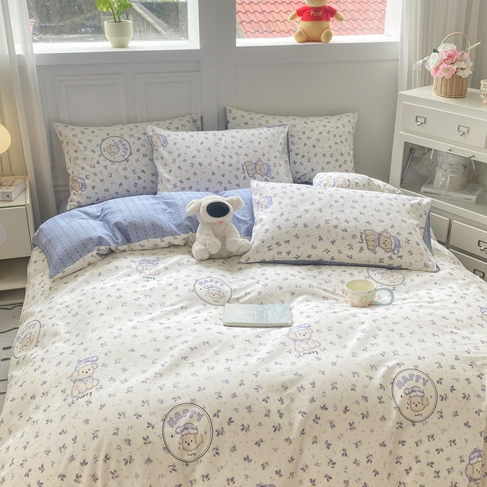 91家纺网 家纺一手货源 找家纺 红日子纺织品 2025新款12868全棉印花系列四件套 玲语小狗