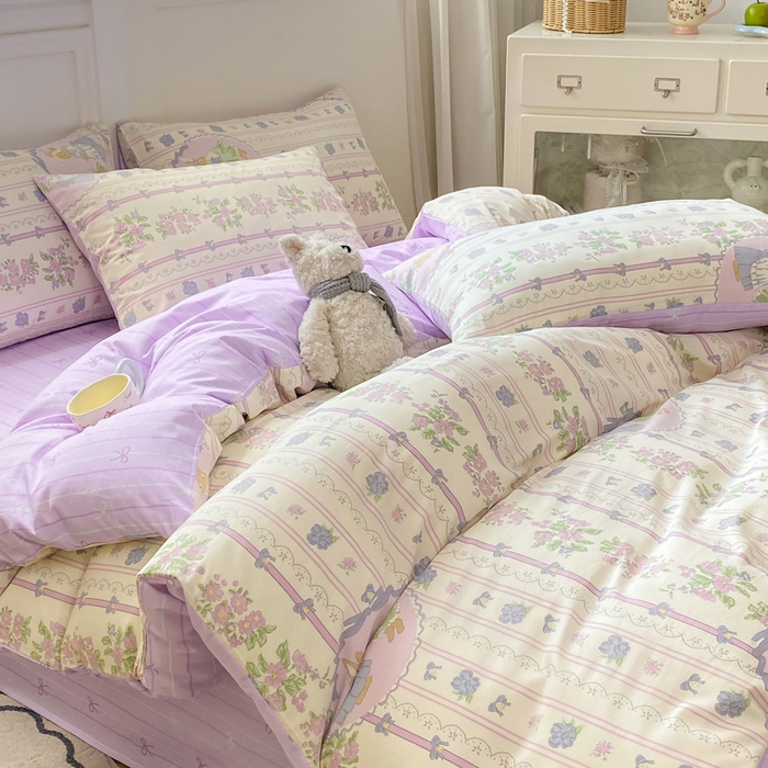 91家纺网 家纺一手货源 找家纺 红日子纺织品 2025新款12868全棉印花系列四件套 罗拉萌兔