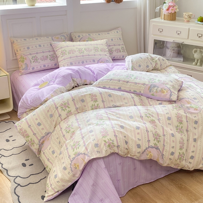 91家纺网 家纺一手货源 找家纺 红日子纺织品 2025新款12868全棉印花系列四件套 罗拉萌兔