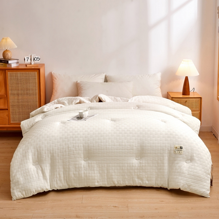 91家纺网 家纺一手货源 找家纺 米米儿家纺 2025新款A类华夫格针织提花大豆冬被被子被芯 本白色