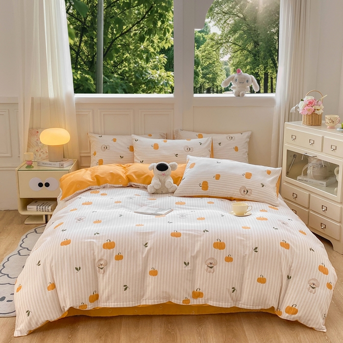 91家纺网 家纺一手货源 找家纺 红日子纺织品 2025新款12868全棉印花系列四件套 南瓜小狗