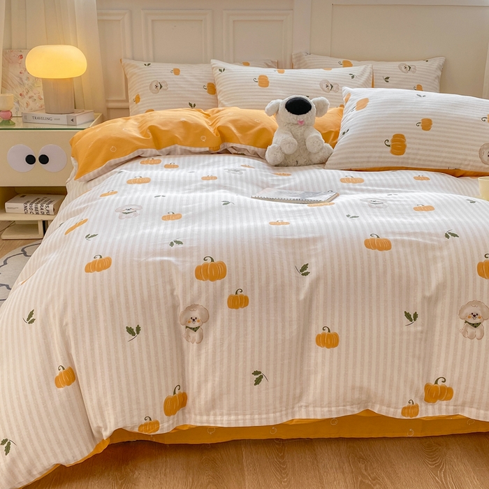 91家纺网 家纺一手货源 找家纺 红日子纺织品 2025新款12868全棉印花系列四件套 南瓜小狗