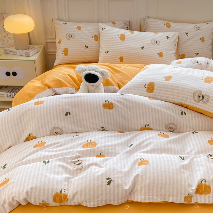 91家纺网 家纺一手货源 找家纺 红日子纺织品 2025新款12868全棉印花系列四件套 南瓜小狗