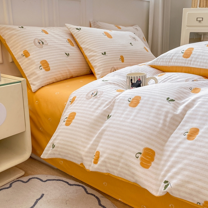 91家纺网 家纺一手货源 找家纺 红日子纺织品 2025新款12868全棉印花系列四件套 南瓜小狗