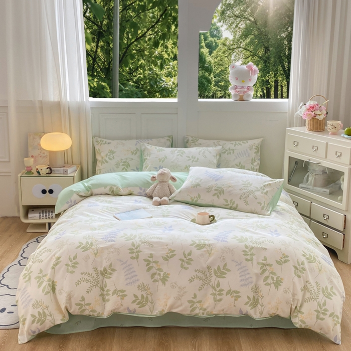 91家纺网 家纺一手货源 找家纺 红日子纺织品 2025新款12868全棉印花系列四件套 沁雨花叶