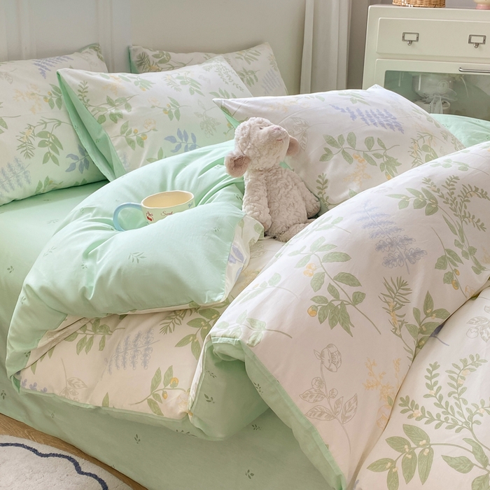 91家纺网 家纺一手货源 找家纺 红日子纺织品 2025新款12868全棉印花系列四件套 沁雨花叶