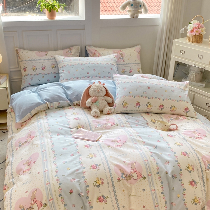 91家纺网 家纺一手货源 找家纺 红日子纺织品 2025新款12868全棉印花系列四件套 香颂萌兔