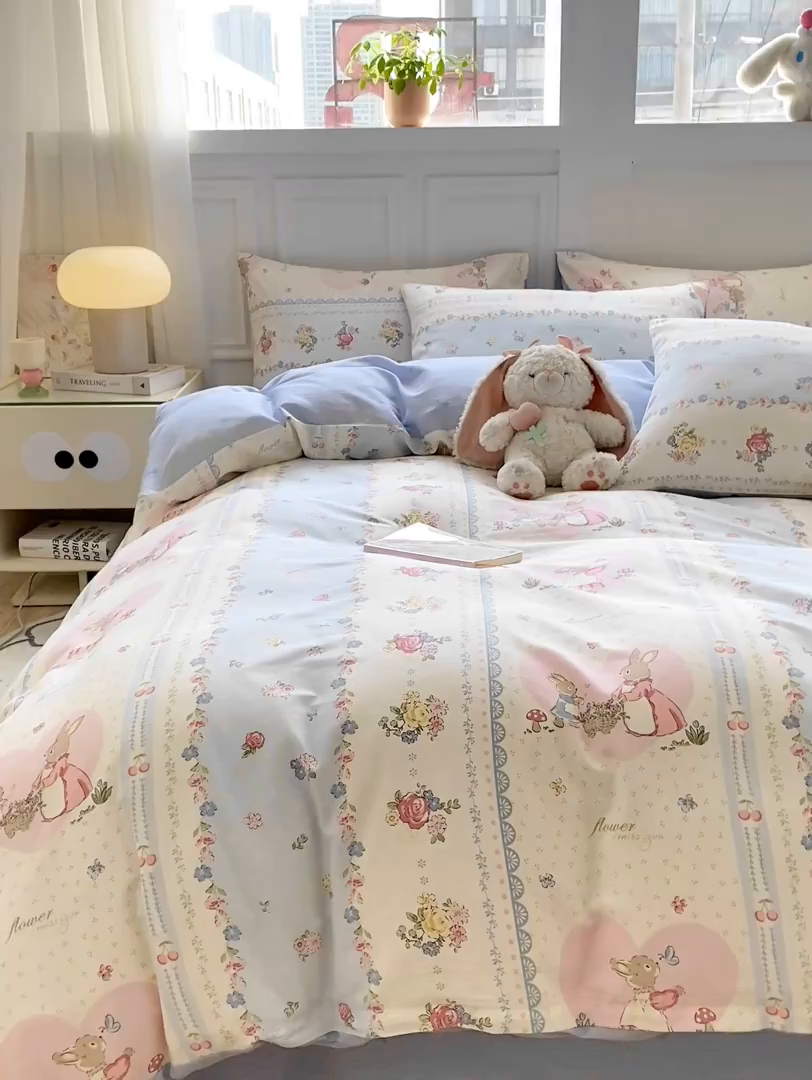 91家纺网 家纺一手货源 找家纺 红日子纺织品 2025新款12868全棉印花系列四件套 香颂萌兔