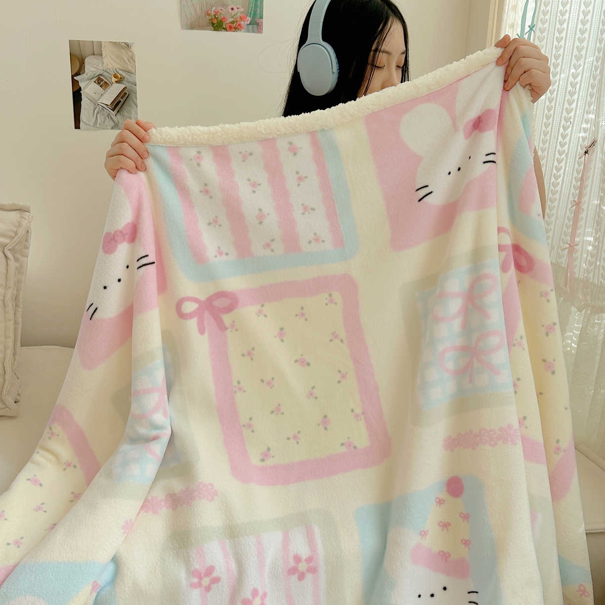 91家纺网 家纺一手货源 找家纺 萝莉家纺 2025新款小清新多功能牛奶绒羊羔绒毛毯毯子午睡毯 蝴蝶结兔