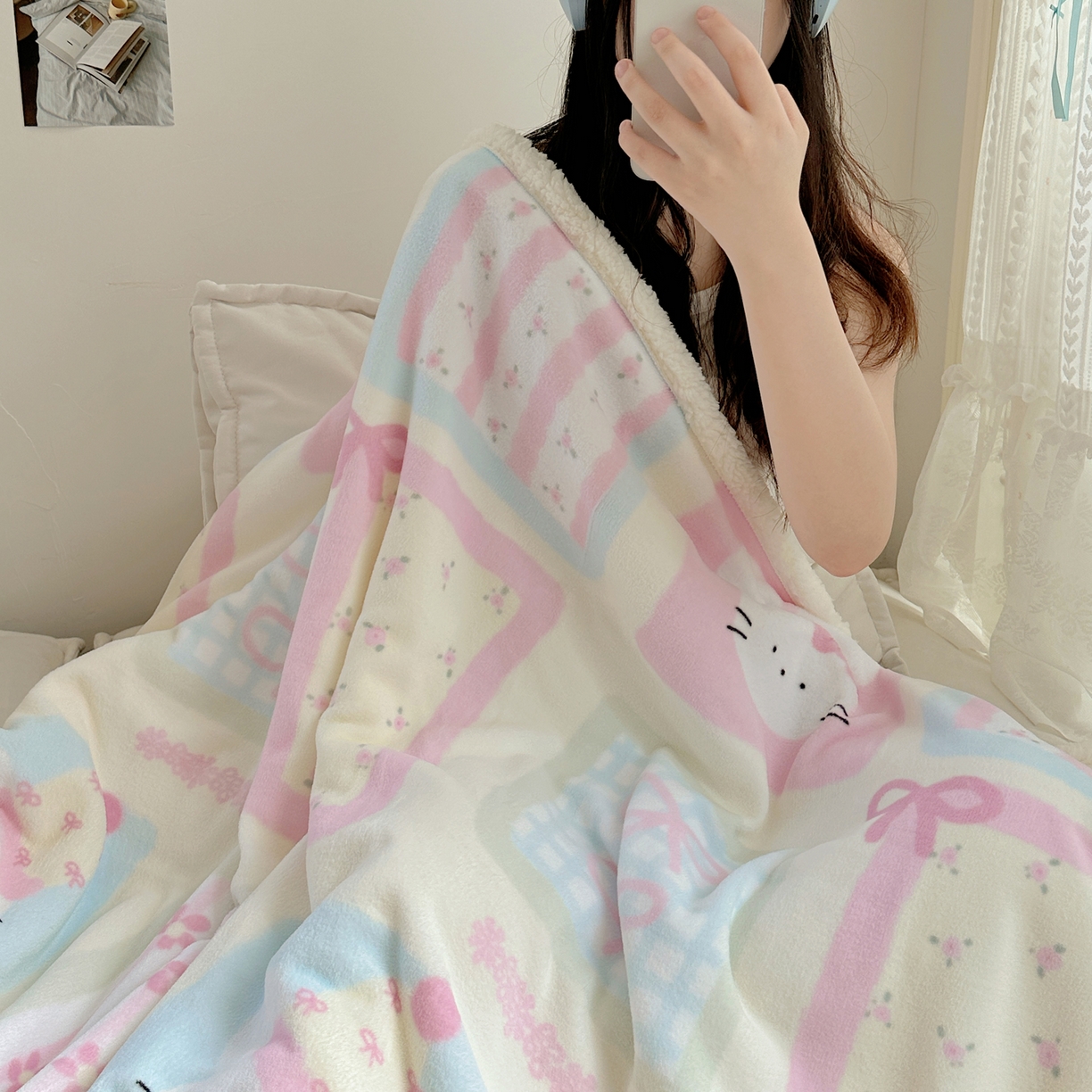 91家纺网 家纺一手货源 找家纺 萝莉家纺 2025新款小清新多功能牛奶绒羊羔绒毛毯毯子午睡毯 蝴蝶结兔