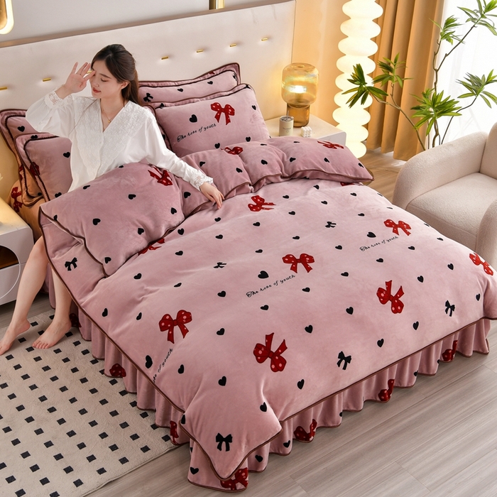 91家纺网 家纺一手货源 找家纺 芯诗曼 2025直播高克重牛奶绒四件套法莱绒金貂貂狐保暖单被套 蝴蝶结