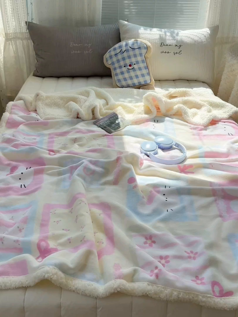 91家纺网 家纺一手货源 找家纺 萝莉家纺 2025新款小清新多功能牛奶绒羊羔绒毛毯毯子午睡毯 蝴蝶结兔