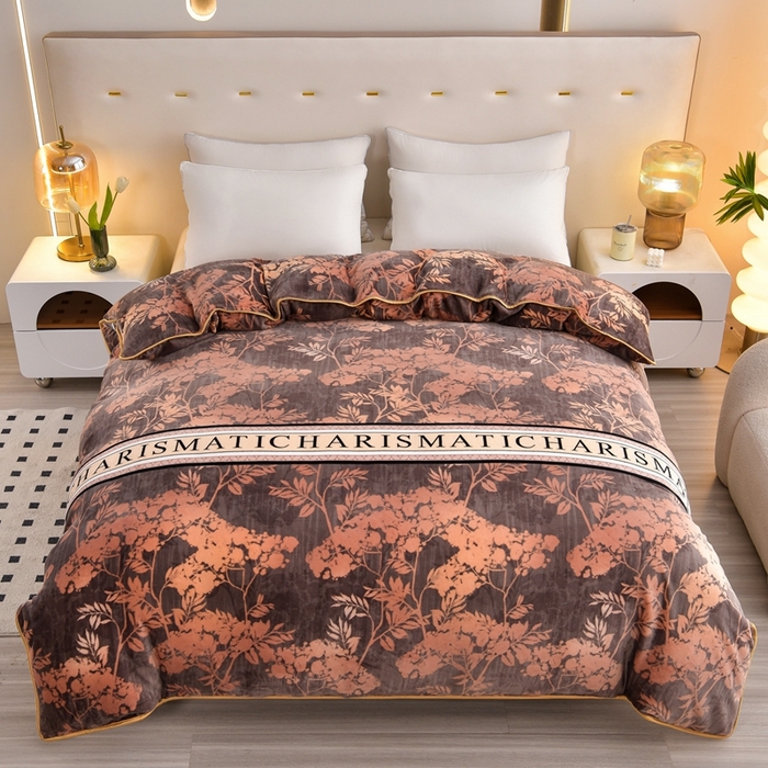 芯诗曼 2025直播高克重牛奶绒四件套法莱绒金貂貂狐保暖单被套 黄金叶